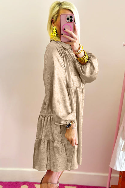 Metallic Sheen Puff Sleeve Button Up Mini Shirt Dress