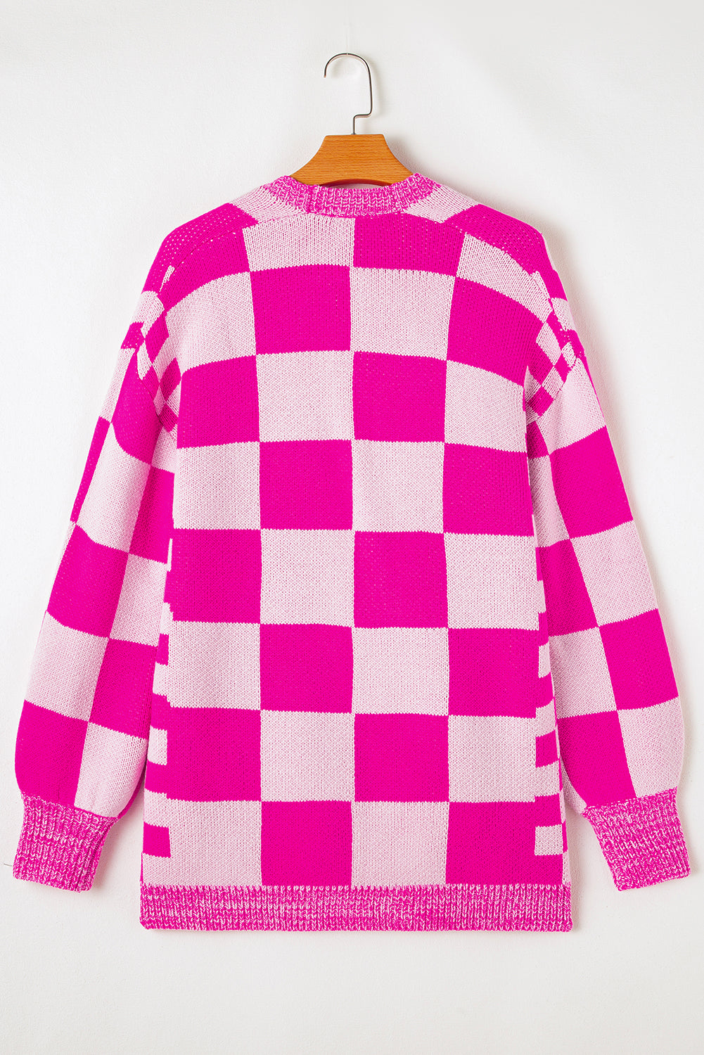 Bubblegum Pink Checkered Printed Ribbed Trim Open Front Cardigan