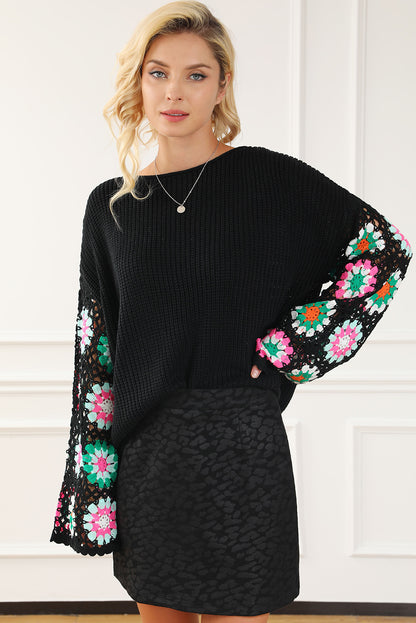 Floral Crochet Bell Sleeve Loose Sweater