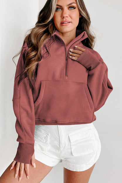 Fleece Lined Zip Up Stand Collar Thumbhole Sleeve Sweatshirt