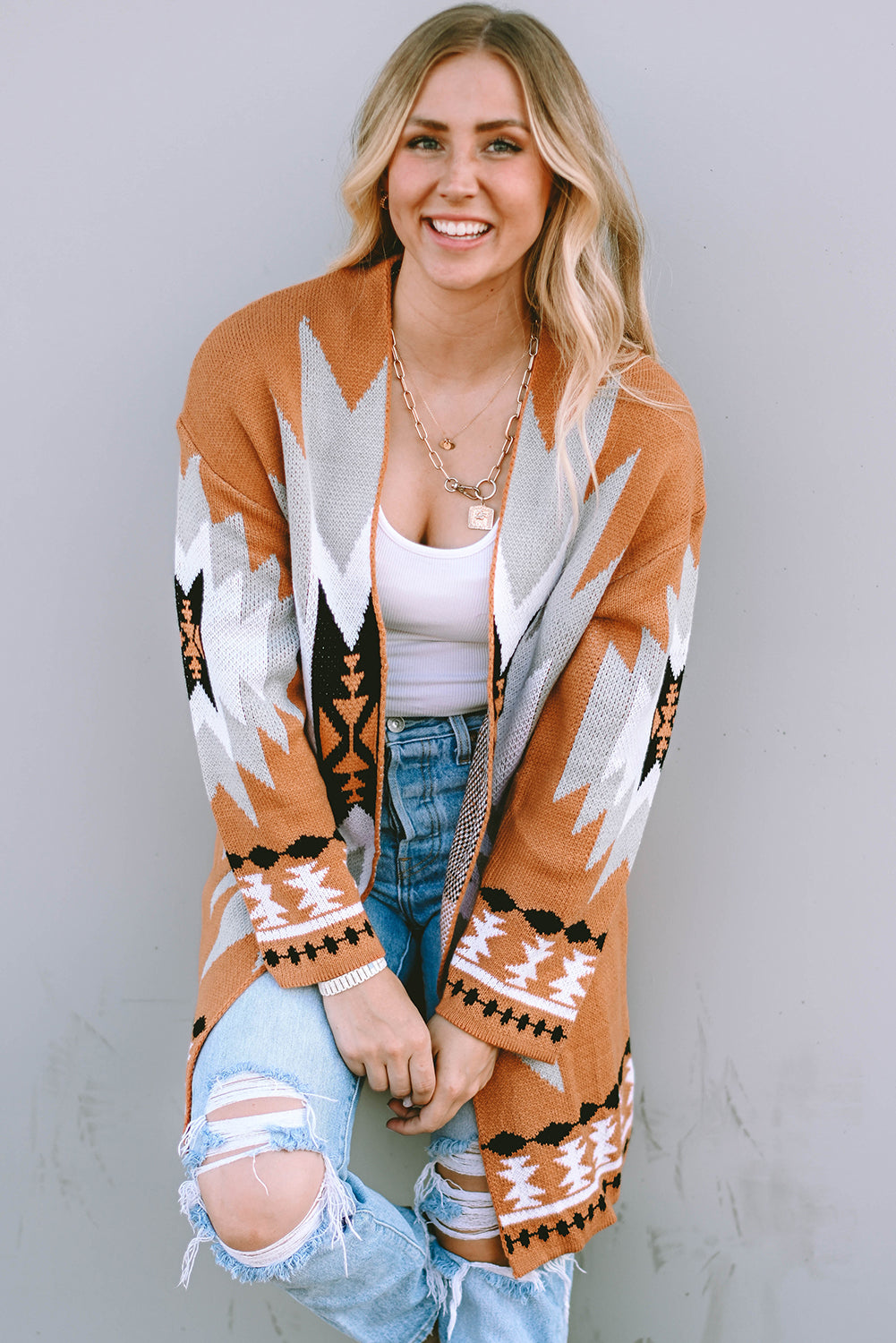 Gold Flame Aztec Graphic Open-Front Cardigan