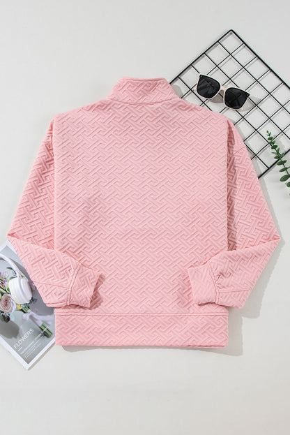 Light Pink Solid Textured Half Zipper Collared Sweatshirt