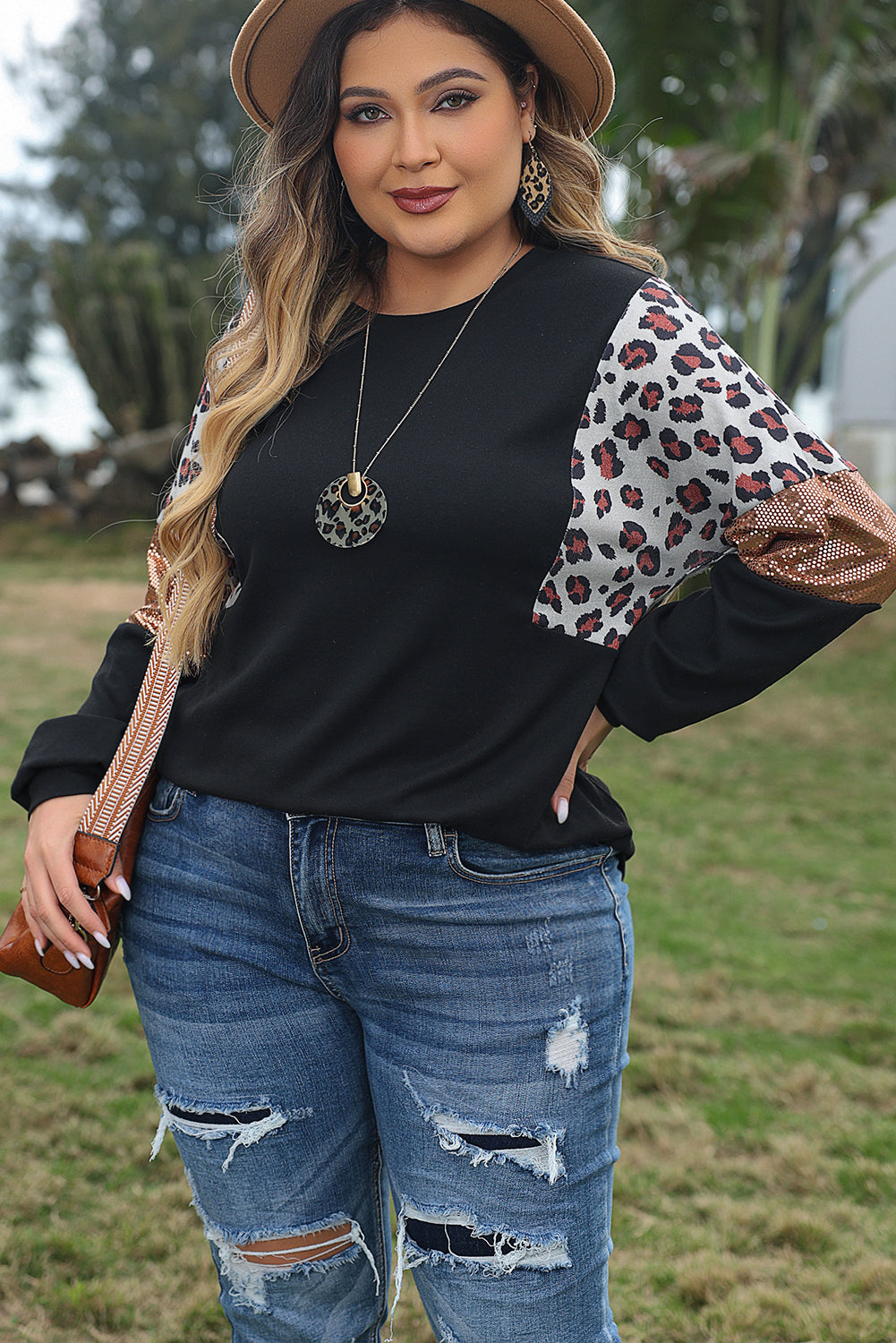 Leopard Sequin Patch Plus Size Long Sleeve Top