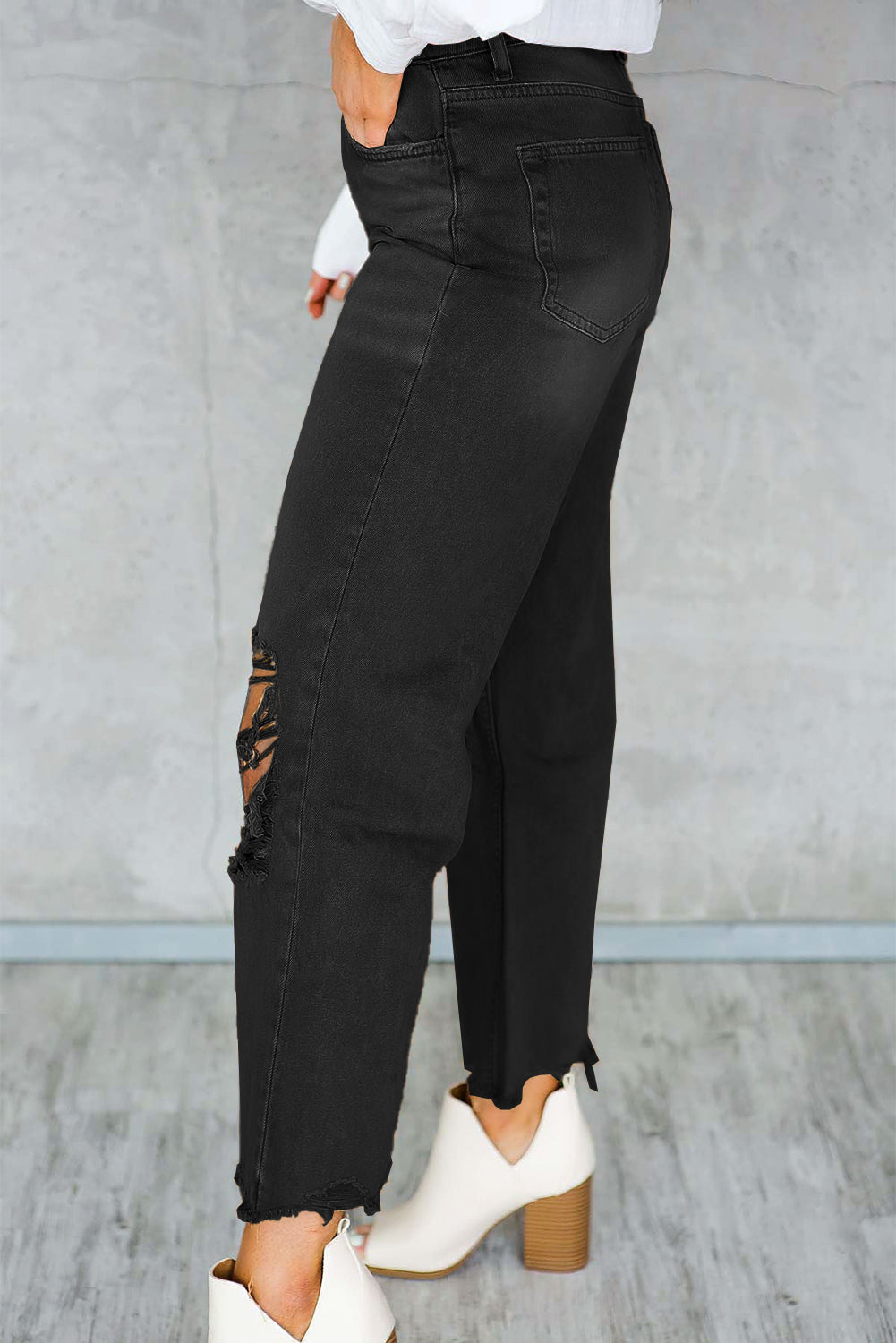 Distressed Hollow-out High Waist Cropped Flare Jeans