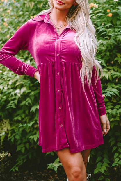 Rose Long Sleeve Ruffle Velvet Button Up Dress