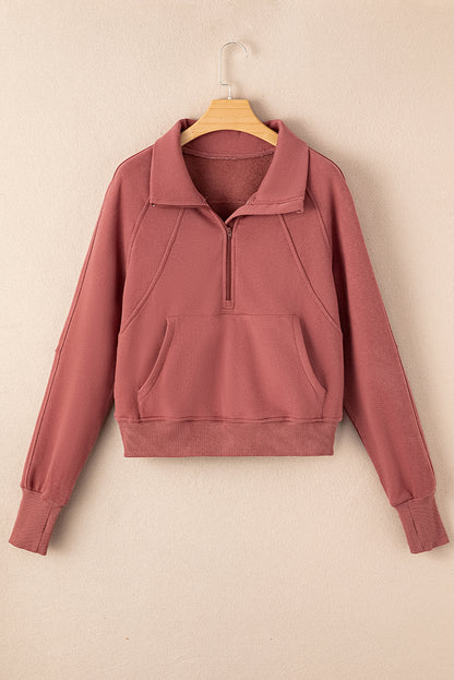 Fleece Lined Zip Up Stand Collar Thumbhole Sleeve Sweatshirt