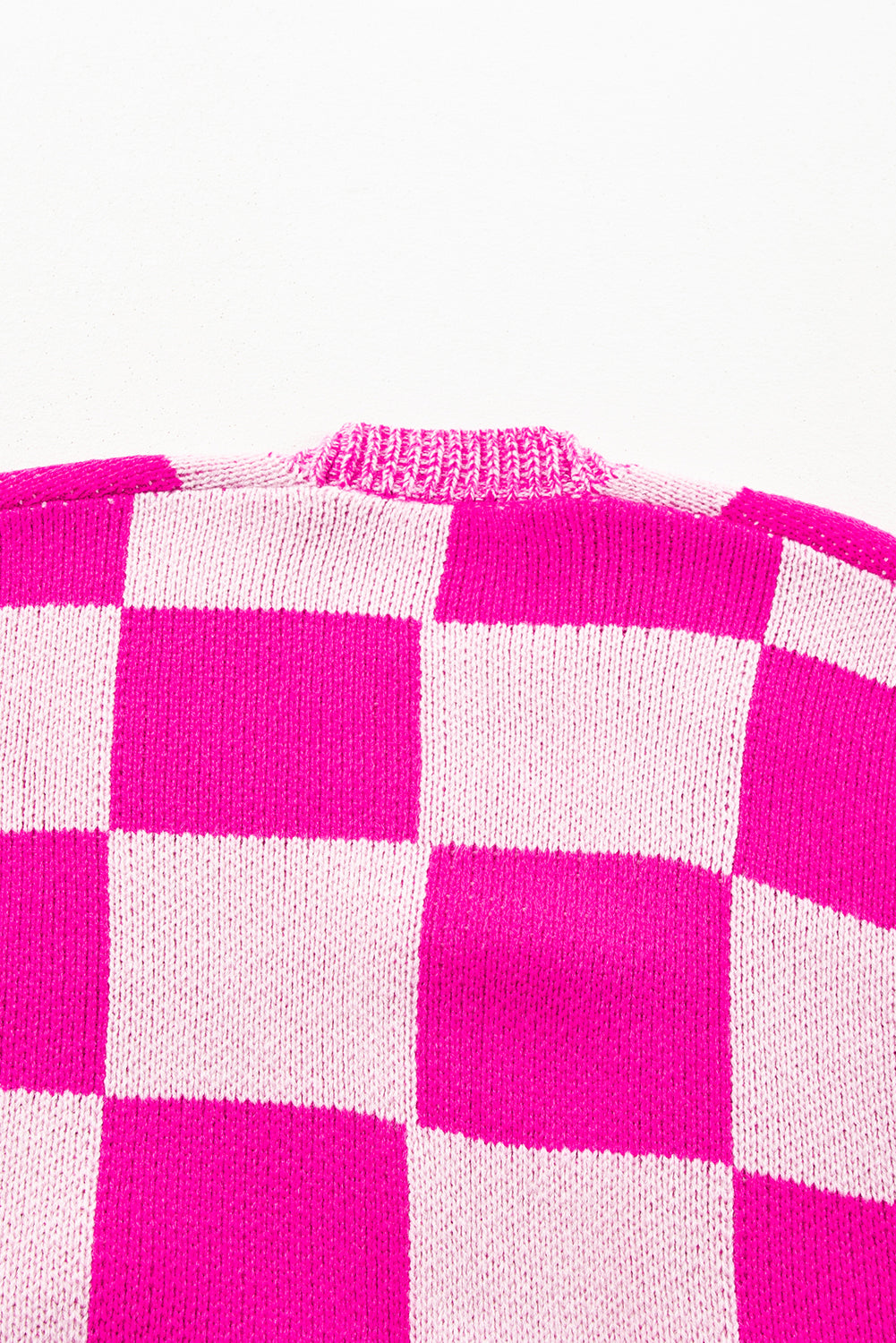 Bubblegum Pink Checkered Printed Ribbed Trim Open Front Cardigan