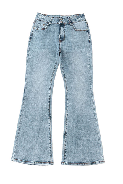 Sky Blue Subtle Ripped Detail Flare Bottom Jeans