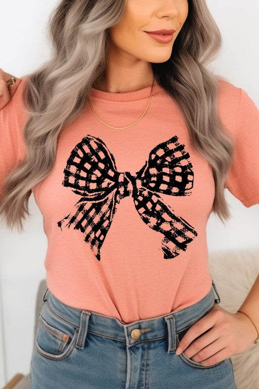 Vintage Checkered Bow Graphic T Shirts