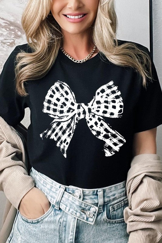 Vintage Checkered Bow Graphic T Shirts