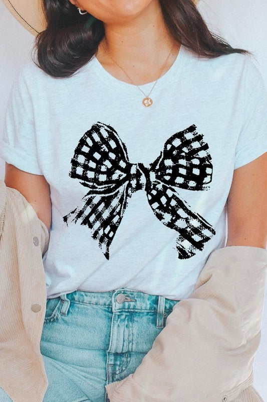 Vintage Checkered Bow Graphic T Shirts