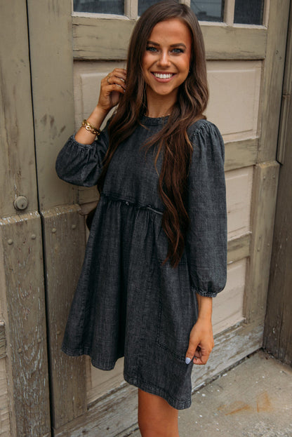 Balloon Sleeve High Waist Denim Dress