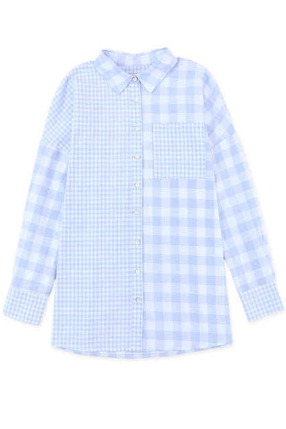 Sky Blue Mix Checked Patchwork Long Sleeve Shirt