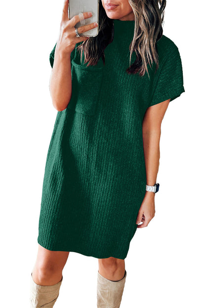 Patch Pocket Ribbed Knit Short Sleeve Sweater Dress