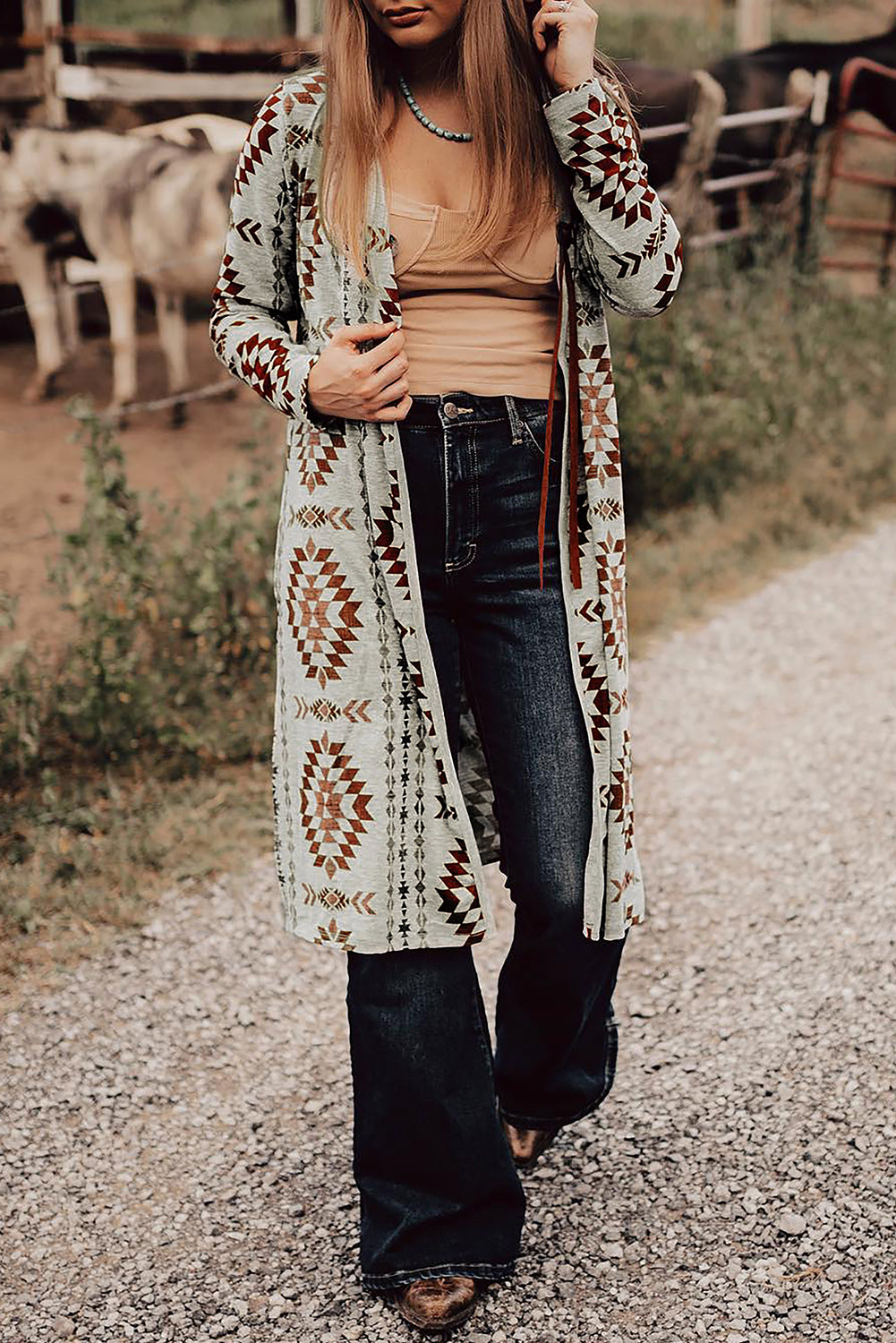 Western Aztec Printed Open Front Long Cardigan