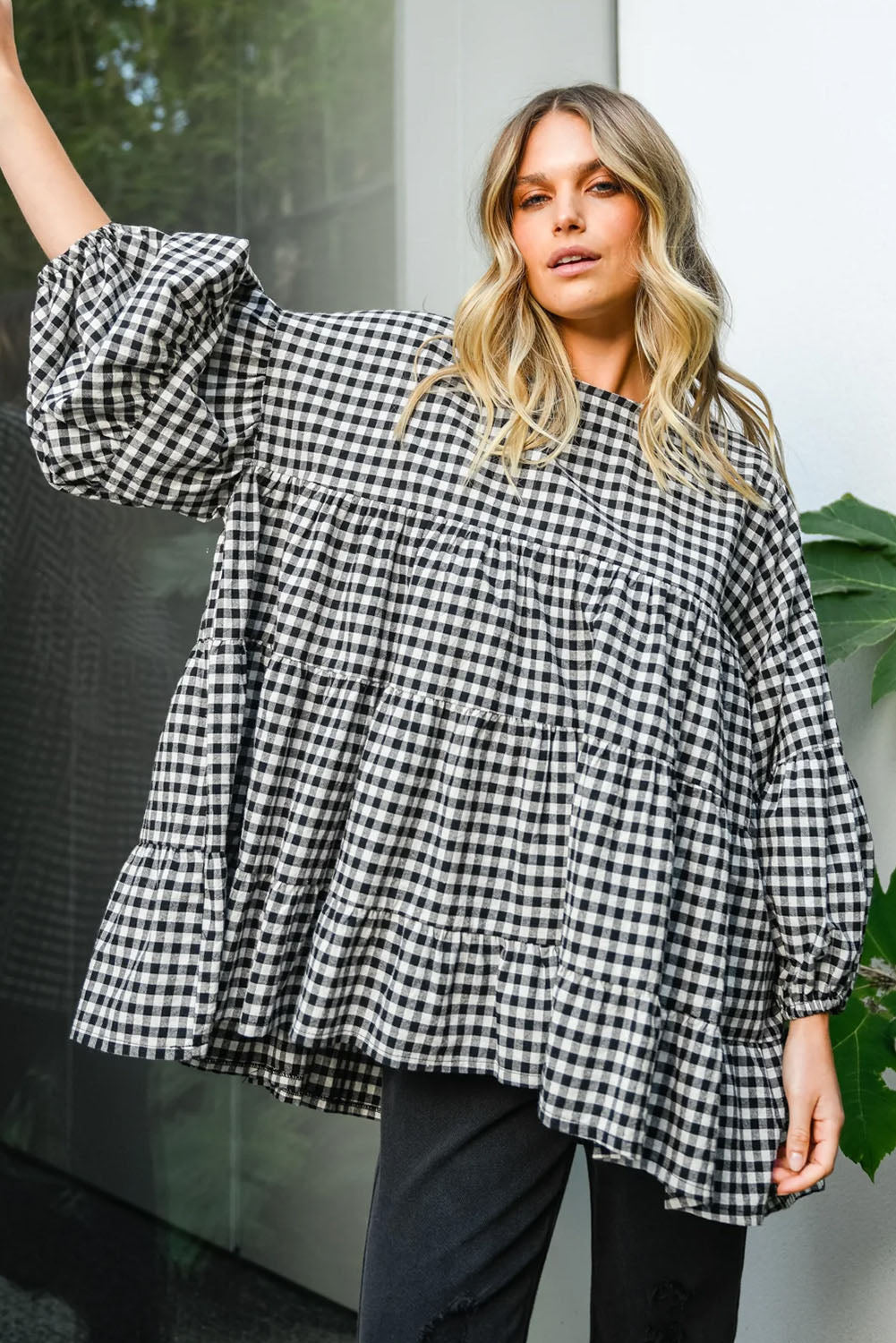 Checkered Puff Sleeve Tiered Loose Babydoll Blouse