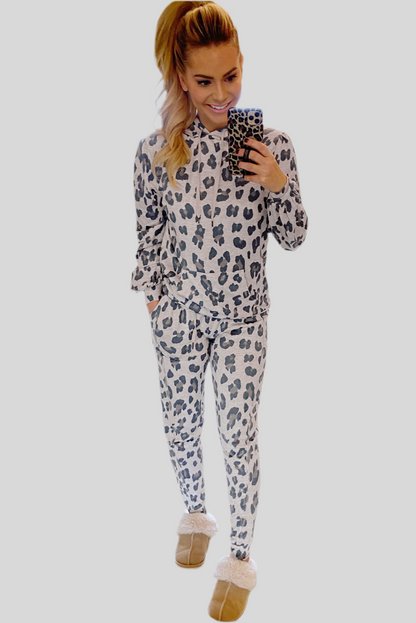 Leopard Print Drawstring Hoodie and Skinny Pants Lounge Set