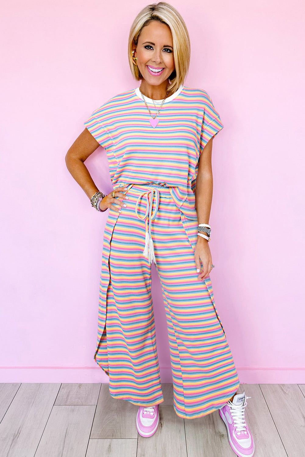 Pink Stripe Rainbow Tee Tasseled String Wide Leg Pants Set