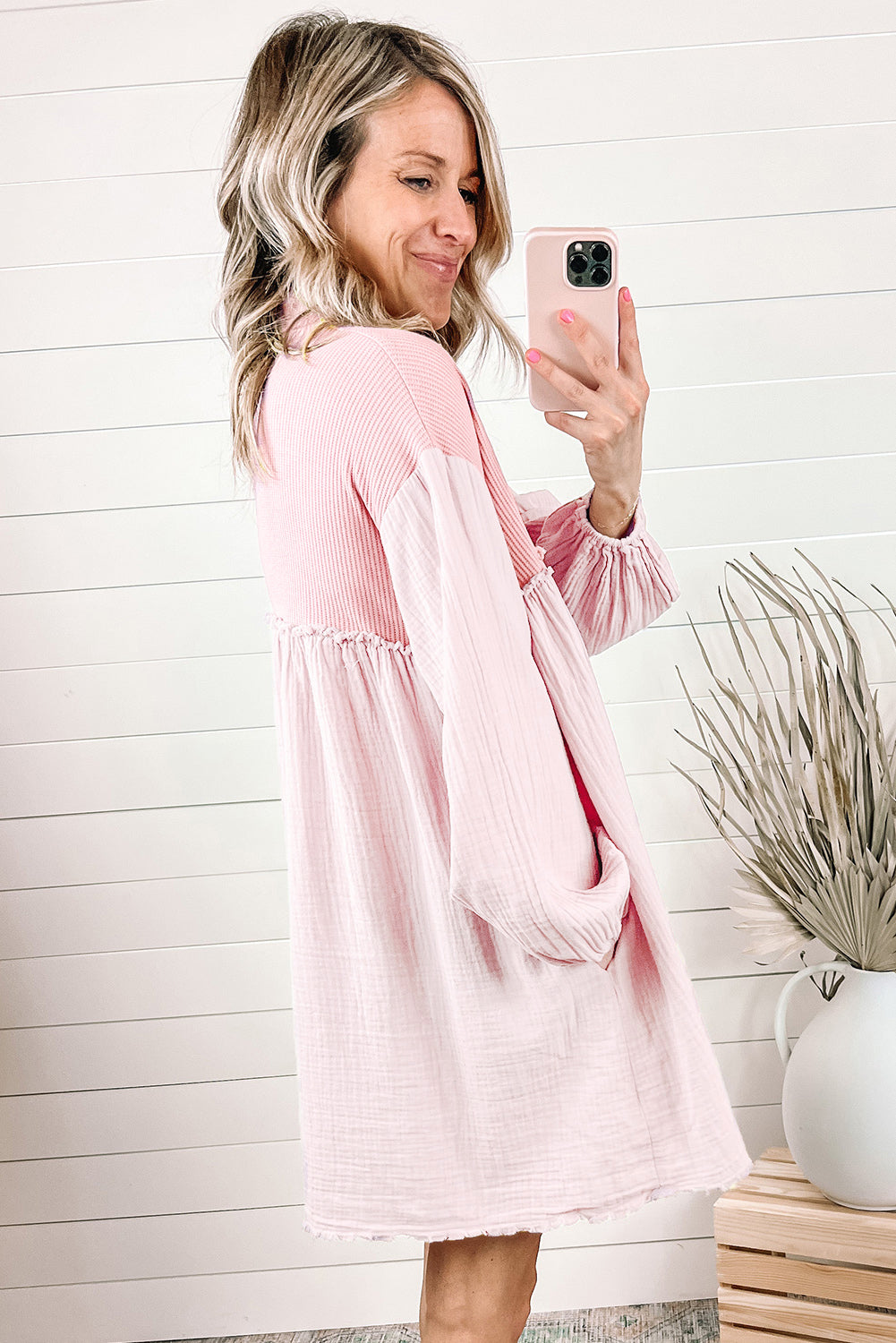 Pink Patchwork Crinkle Puff Sleeve Shirt Dress