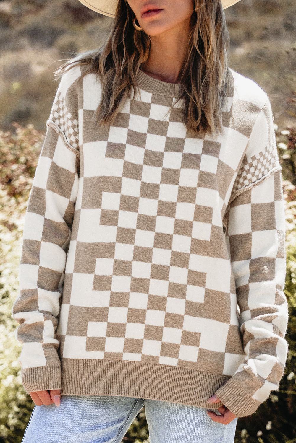 Checkered Print Drop Shoulder Round Neck Sweater