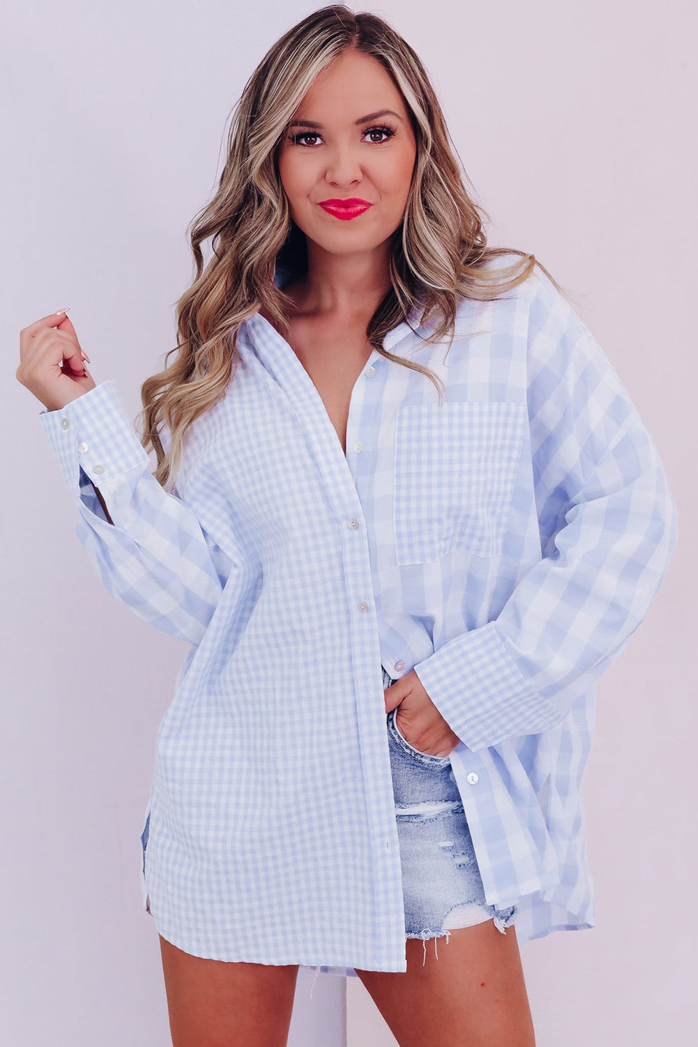 Sky Blue Mix Checked Patchwork Long Sleeve Shirt