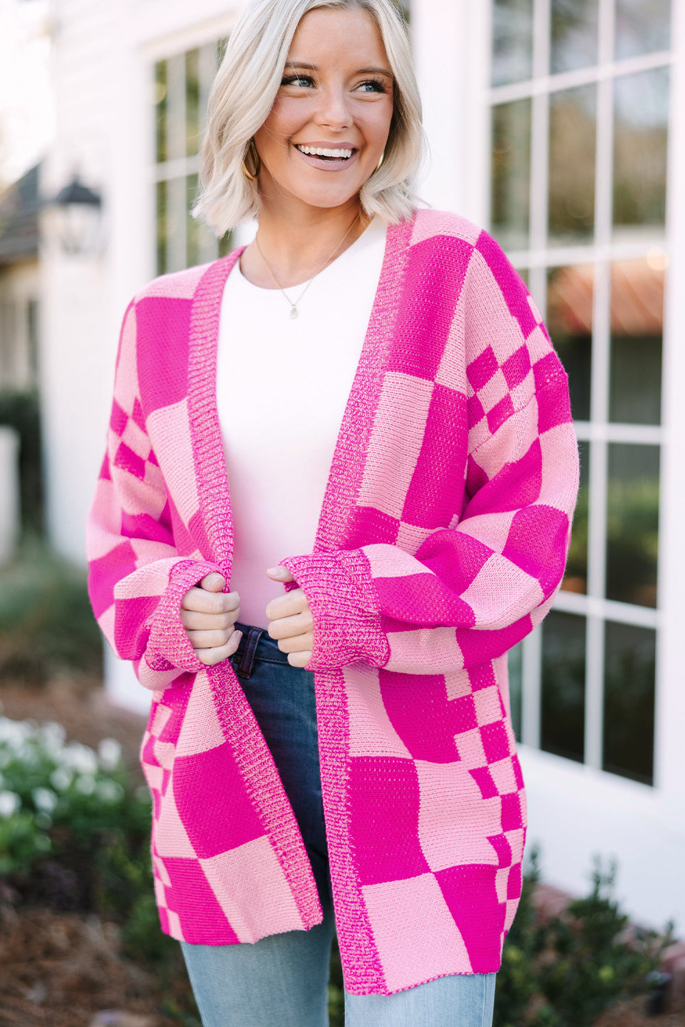 Bubblegum Pink Checkered Printed Ribbed Trim Open Front Cardigan