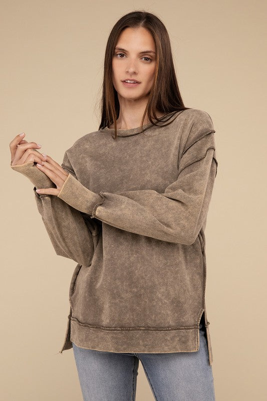 Zenana Acid Wash French Terry Exposed-Seam Sweatshirt