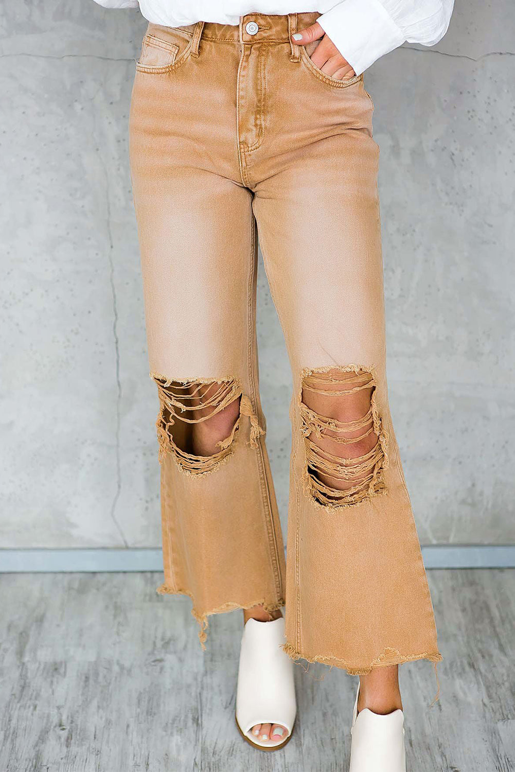 Distressed Hollow-out High Waist Cropped Flare Jeans