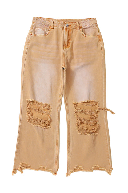 Distressed Hollow-out High Waist Cropped Flare Jeans