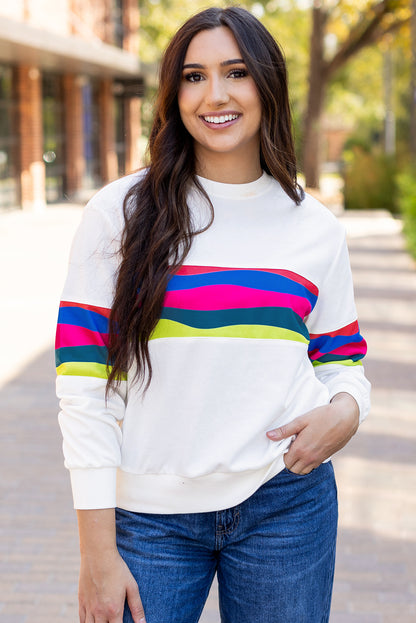 White Colorful Striped Accent Long Sleeve T Shirt