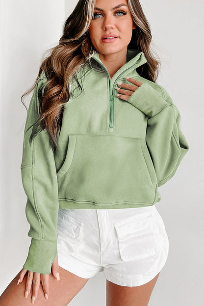 Smoke Green Fleece Lined Zip Up Stand Collar Thumbhole Sleeve Sweatshirt