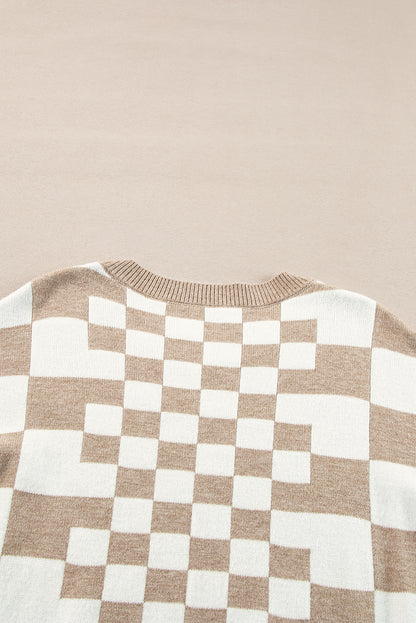 Checkered Print Drop Shoulder Round Neck Sweater