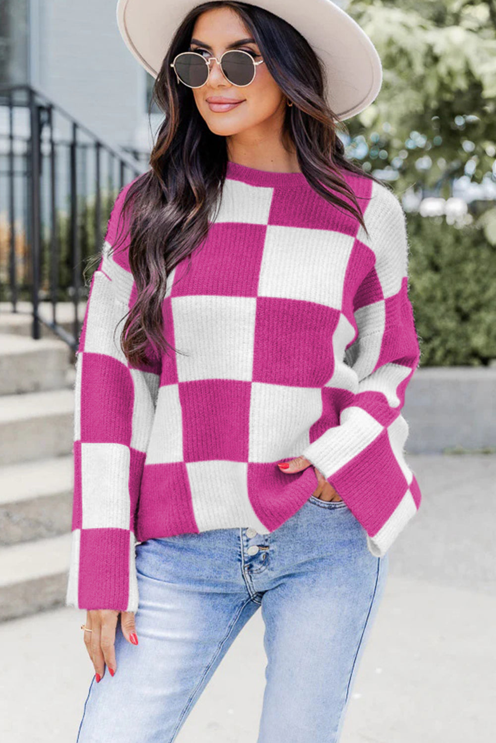 Checkered Round Neck Baggy Sweater