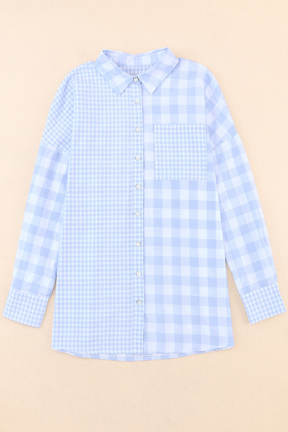 Sky Blue Mix Checked Patchwork Long Sleeve Shirt