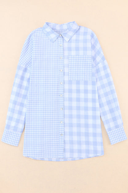 Sky Blue Mix Checked Patchwork Long Sleeve Shirt