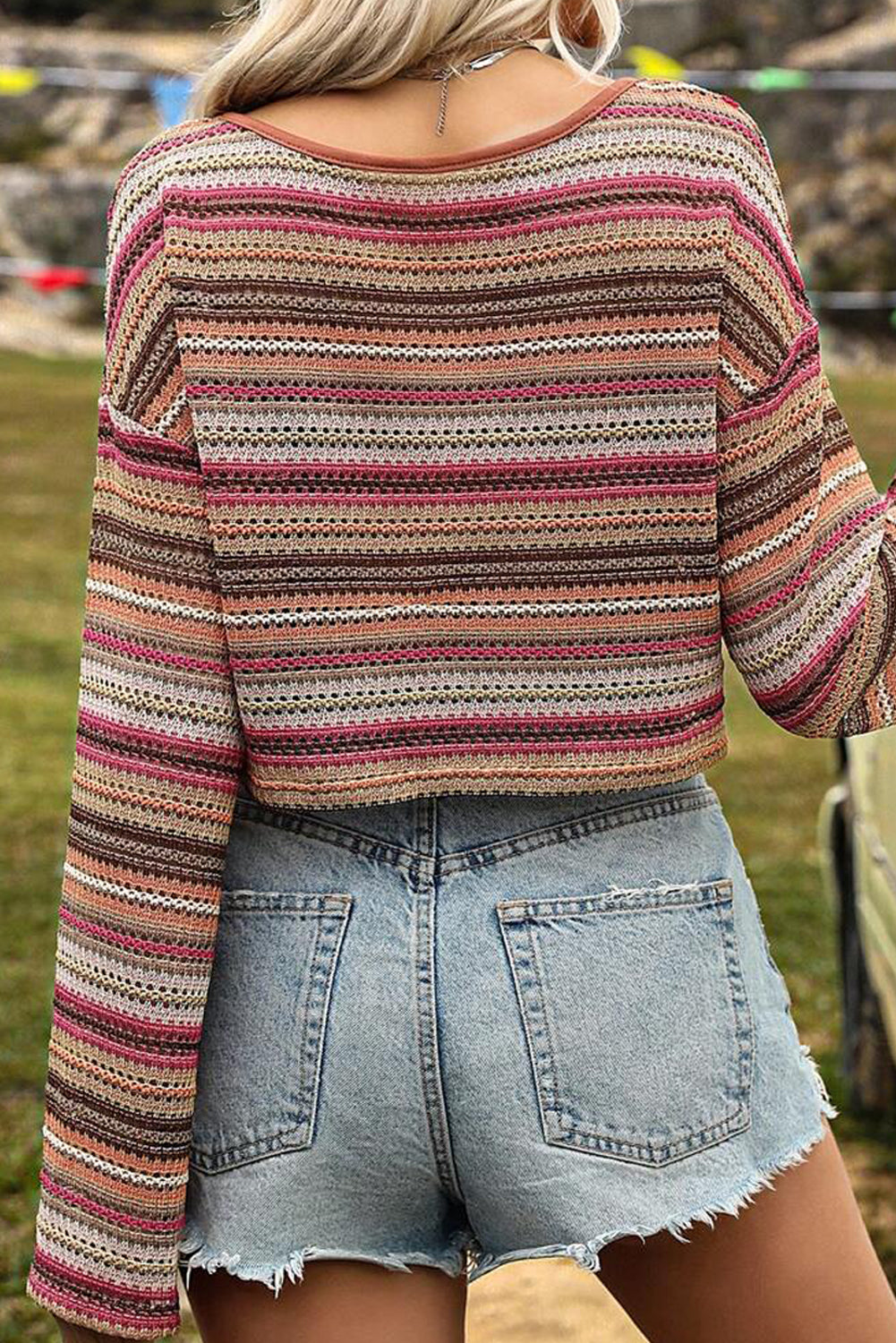 Pink Striped Wide Cropped Long Sleeve Top