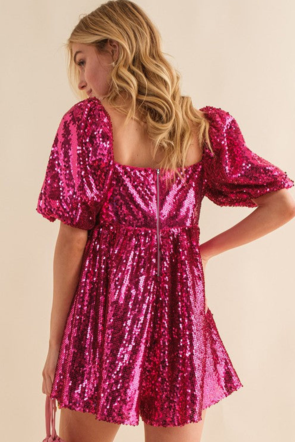 Pink Short Puff Sleeve Sequin Babydoll Romper