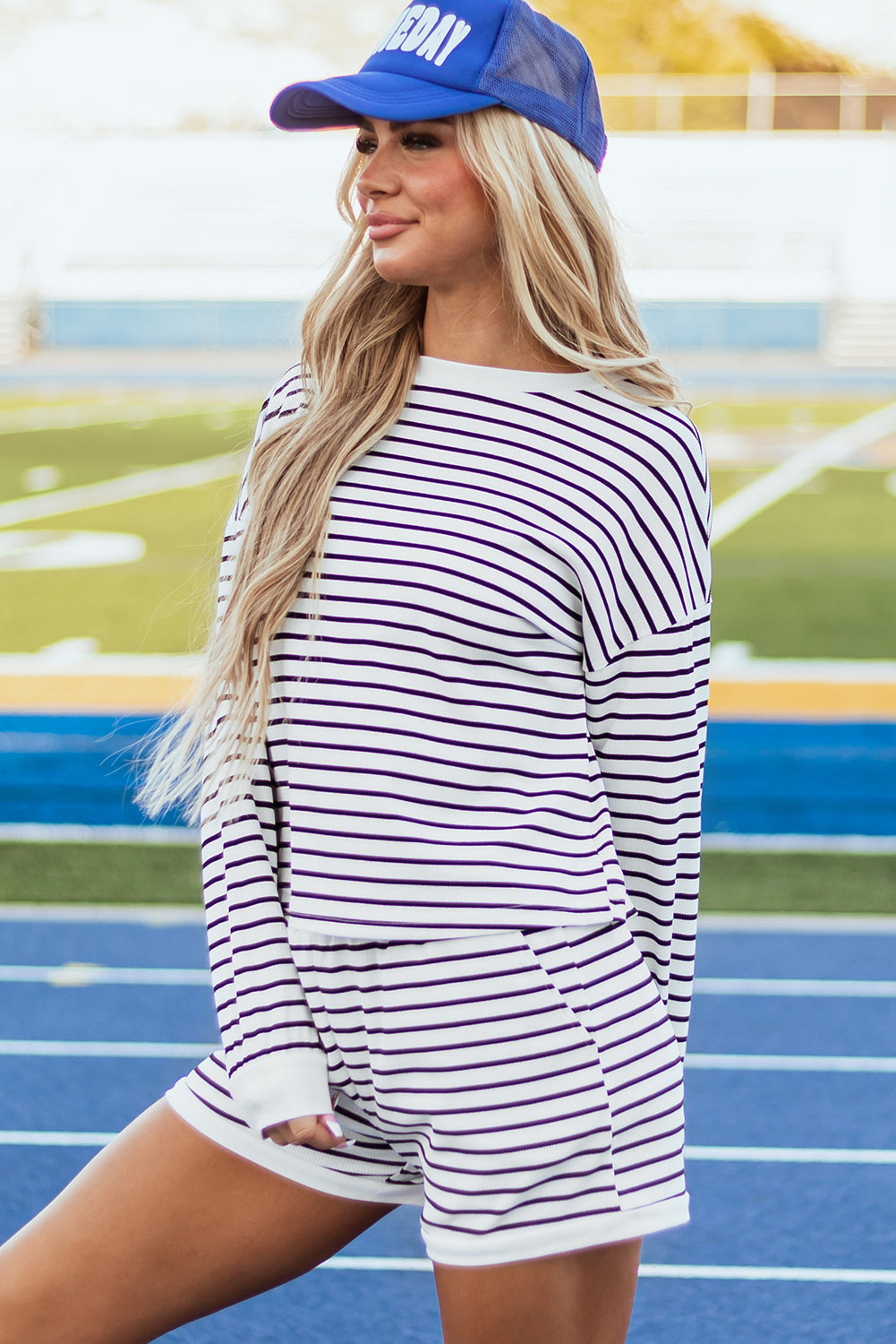 Stripe Textured 3/4 Sleeve Top and Shorts Set