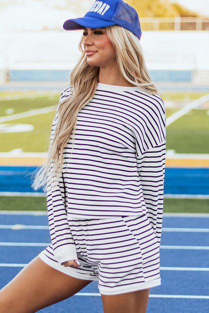 Stripe Textured 3/4 Sleeve Top and Shorts Set