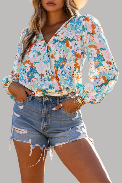 Sky Blue Floral Print Wrap Long Sleeve Bodysuit