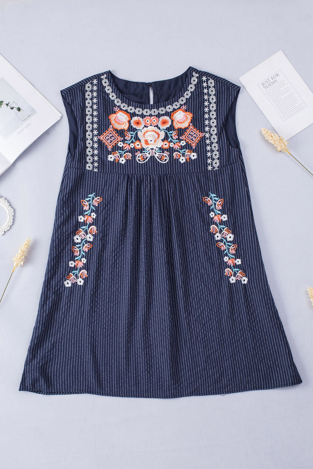 Embroidered Striped Print Sleeveless Mini Dress