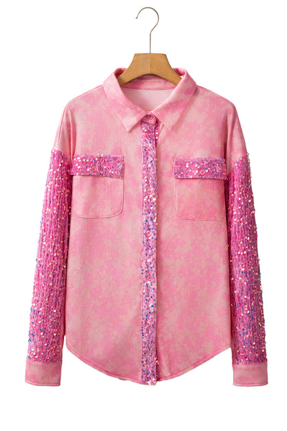 Mineral Wash Sequin Patchwork Flap Pocket Shacket