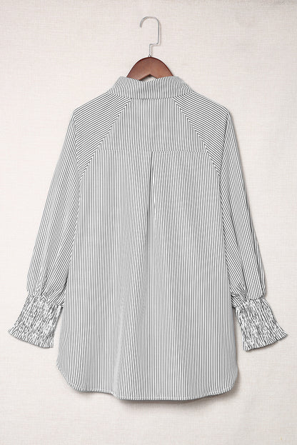 Smocked Cuffed Striped Boyfriend Shirt with Pocket