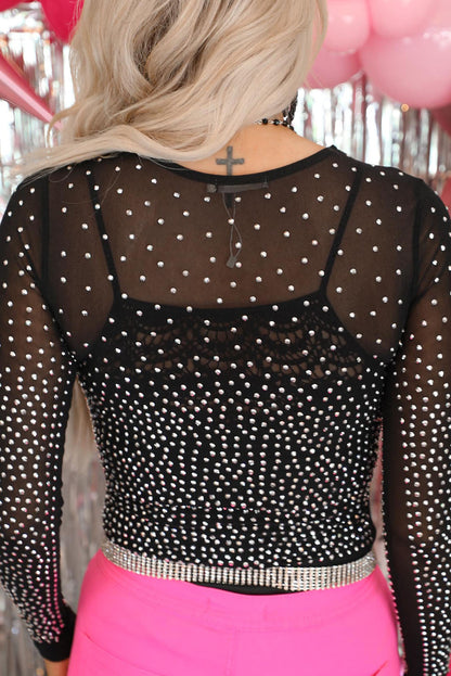 Rhinestone Embellished Mesh Long Sleeve Bodysuit