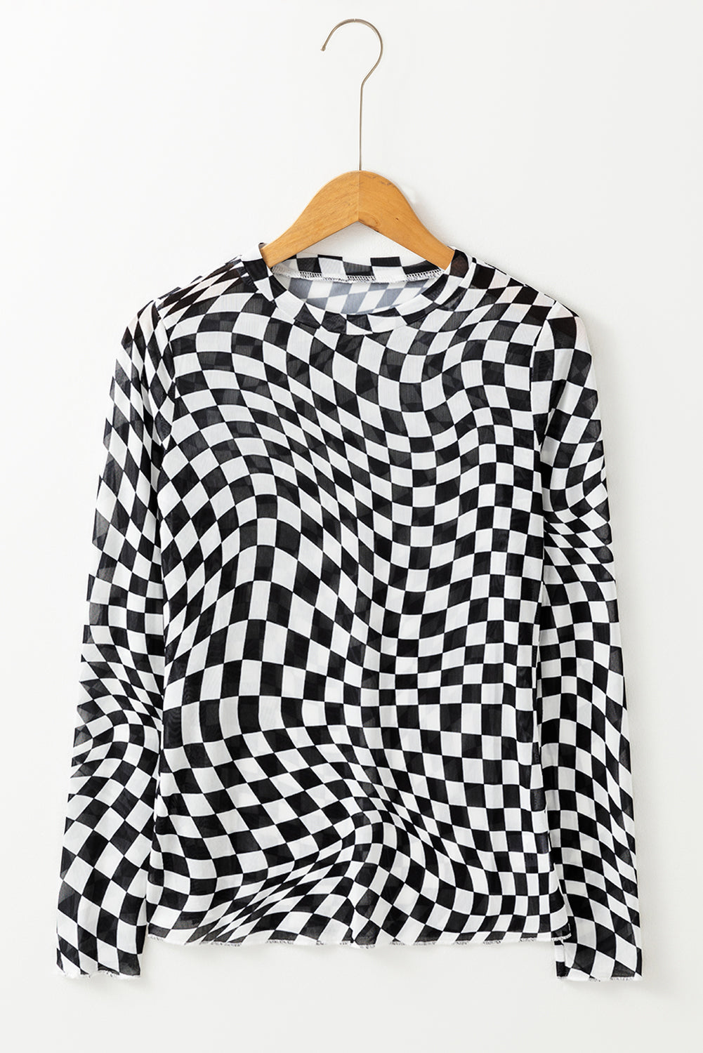 Black Checkered Pattern Mesh Mock Neck Long Sleeve Top