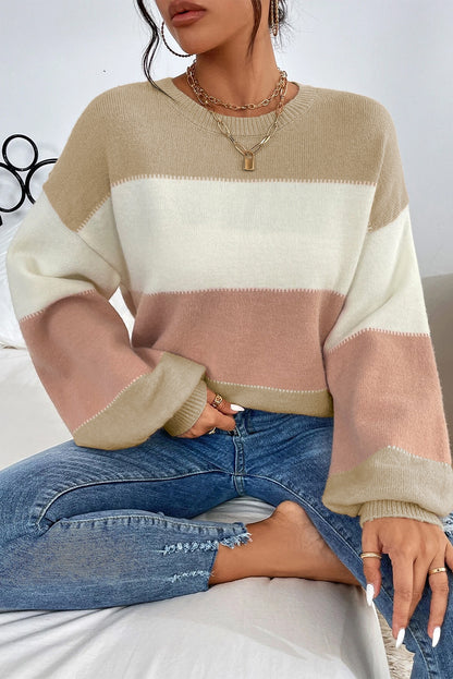 Color Block Lantern Sleeve Drop Shoulder Sweater