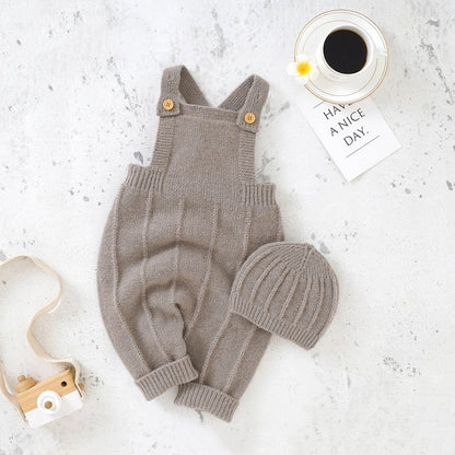 Baby's Sweater Bodysuit With Suspender And Hat