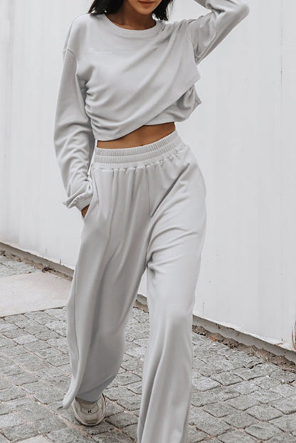 Tracy: Light Grey Solid Criss Cross Crop Top and Pants Active Set