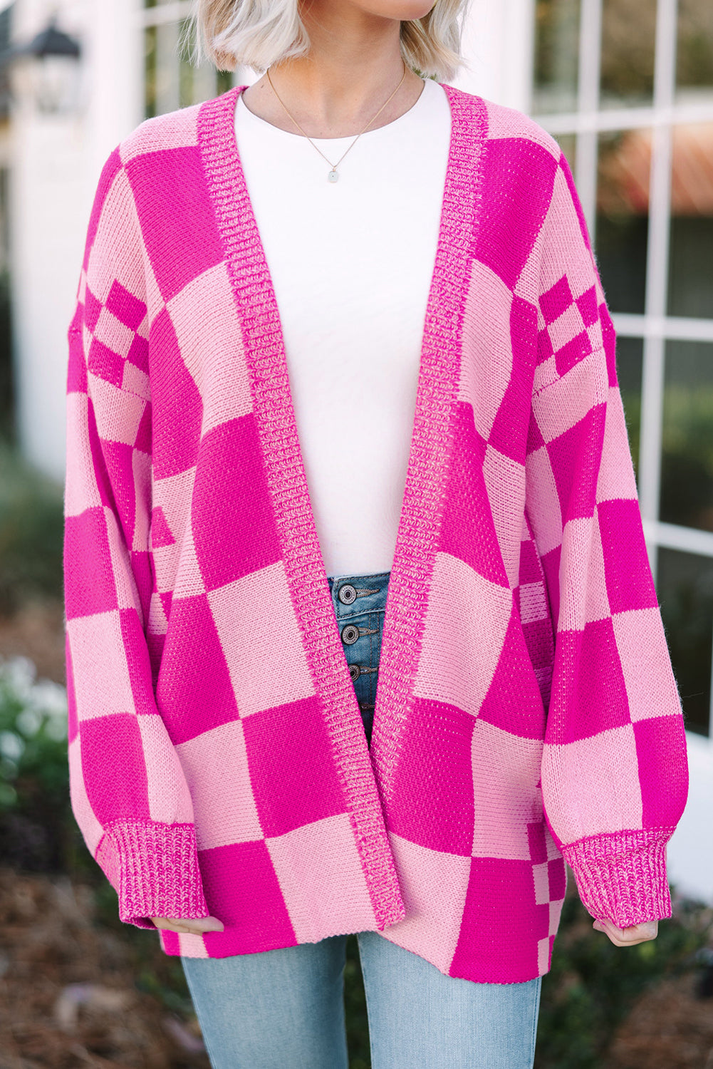 Bubblegum Pink Checkered Printed Ribbed Trim Open Front Cardigan