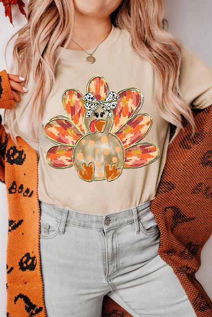 Khaki Thanksgiving Bowknot Turkey Graphic Crewneck Tee